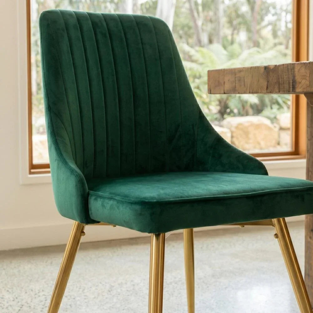 Viva Forever Set of 2 Green Velvet Dining Chairs-Art Deco Design with Gold Metal Legs