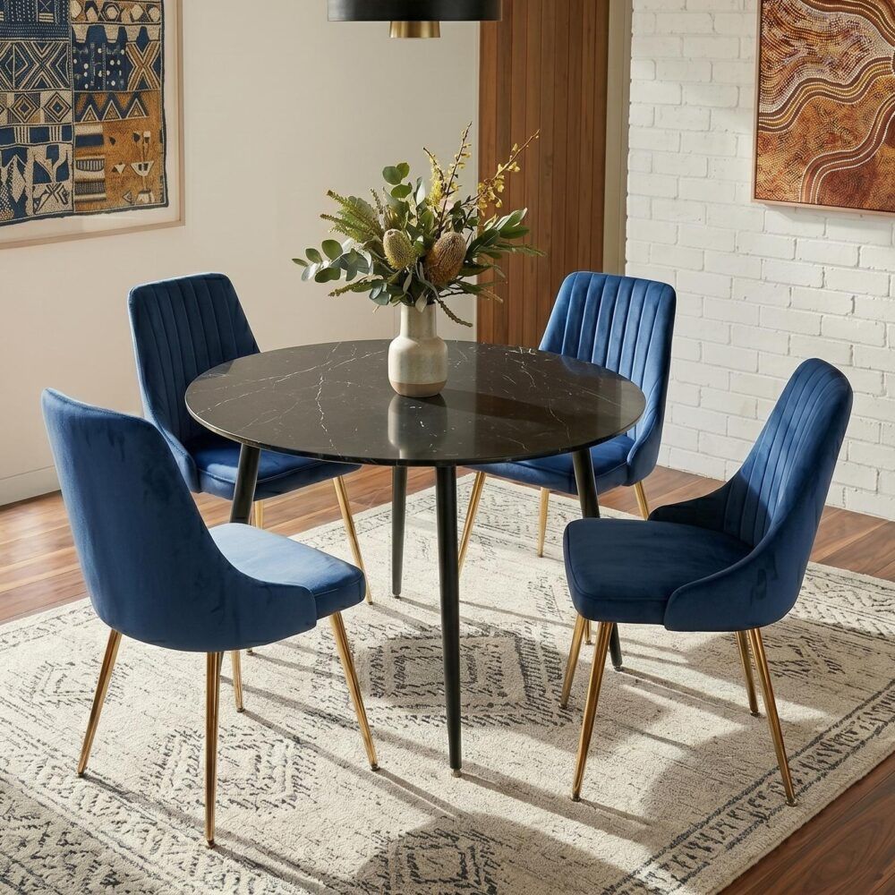 5‑Piece Dining Set – Round Marble Table + 4 Blue Velvet Shell Chairs