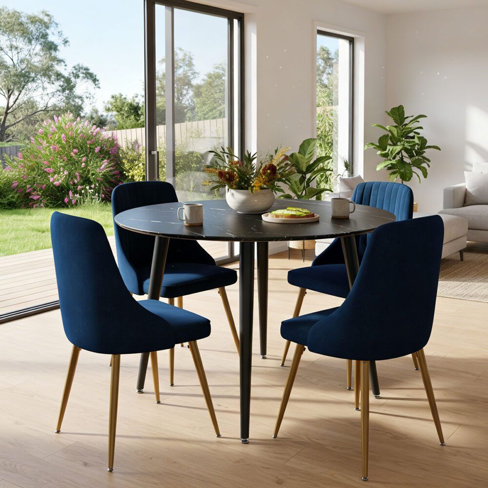 5‑Piece Dining Set – Round Marble Table + 4 Blue Velvet Shell Chairs