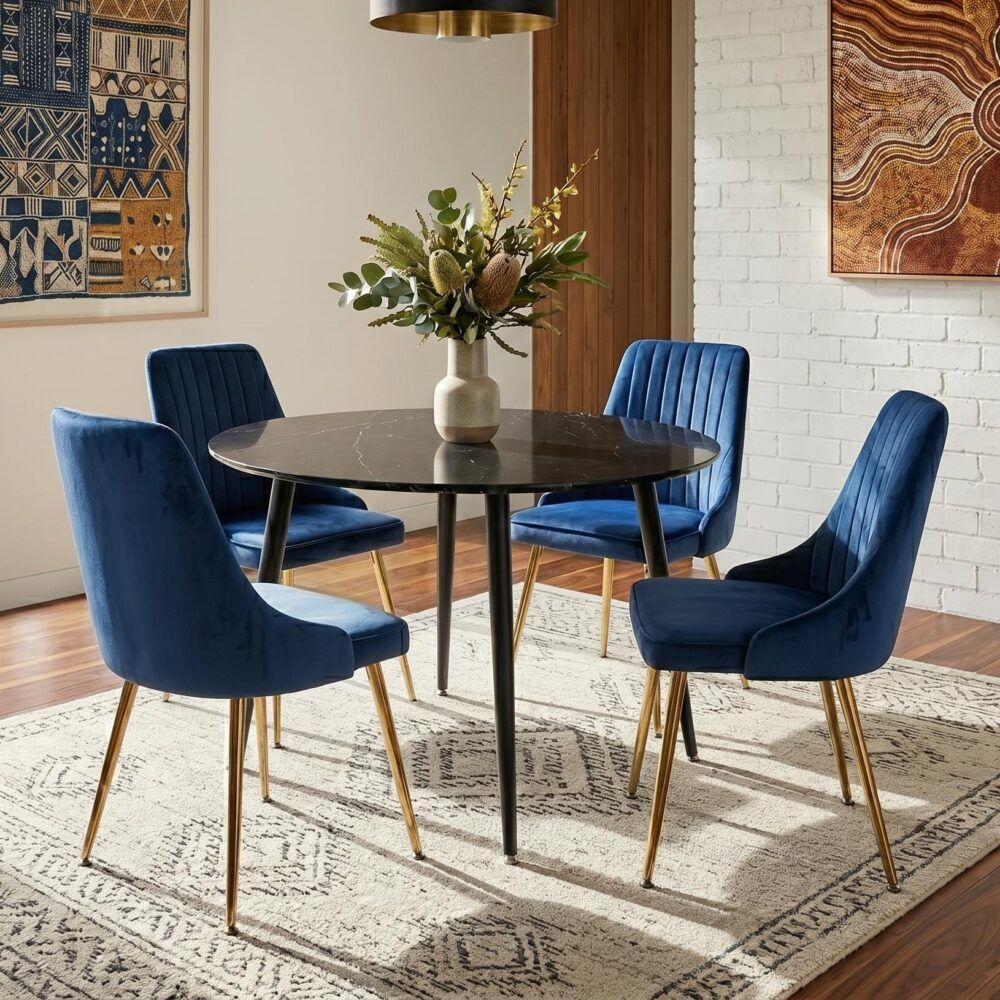 5‑Piece Dining Set – Round Marble Table + 4 Blue Velvet Shell Chairs