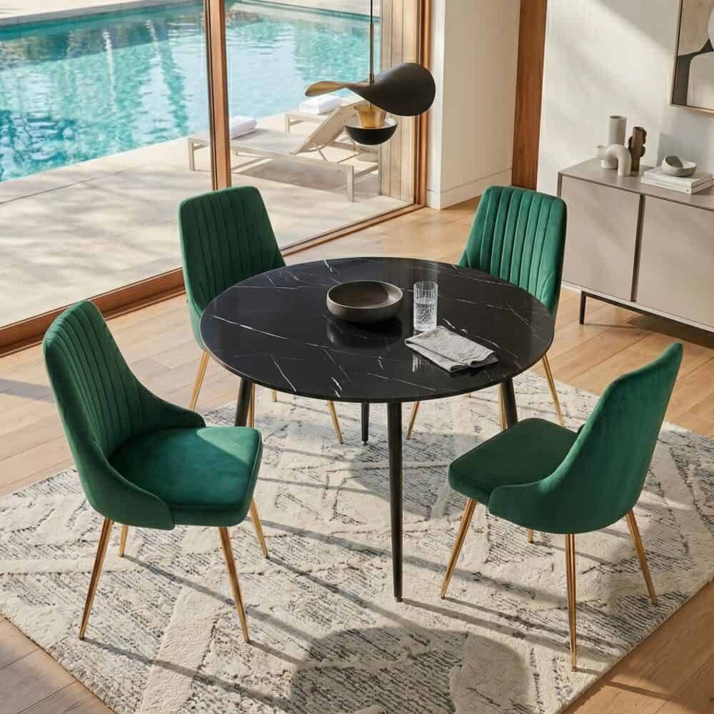 5‑Piece Dining Set – Round Marble Table + 4 Green Velvet Shell Chairs