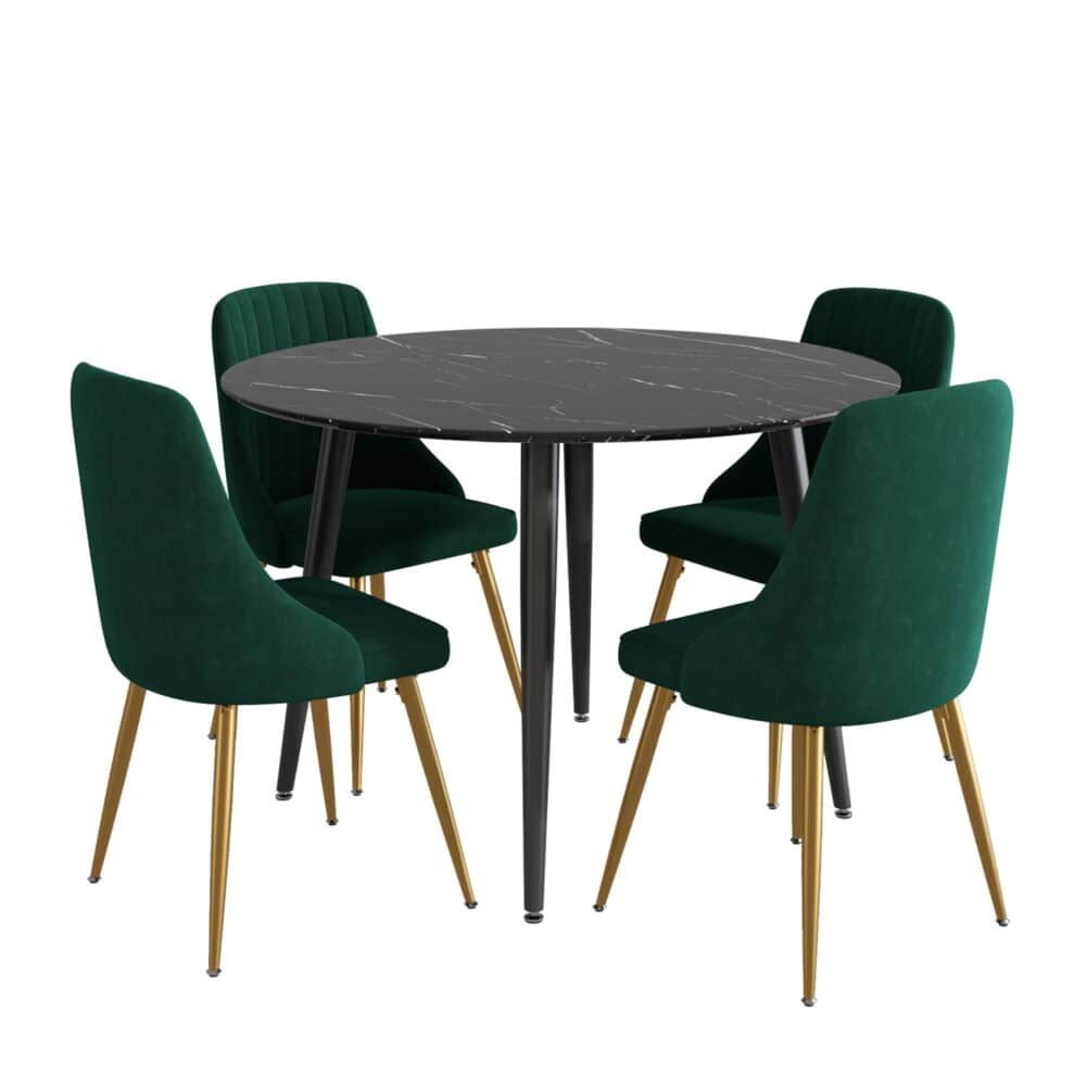 5‑Piece Dining Set – Round Marble Table + 4 Green Velvet Shell Chairs