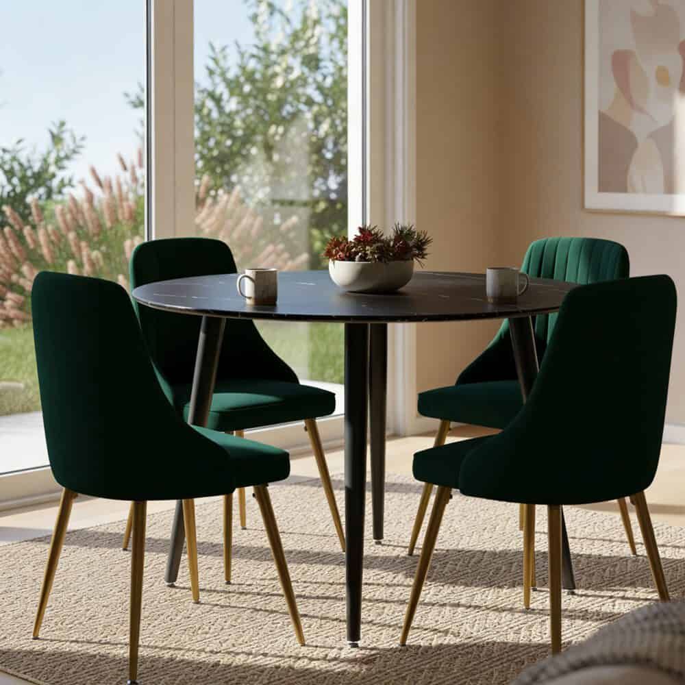 5‑Piece Dining Set – Round Marble Table + 4 Green Velvet Shell Chairs