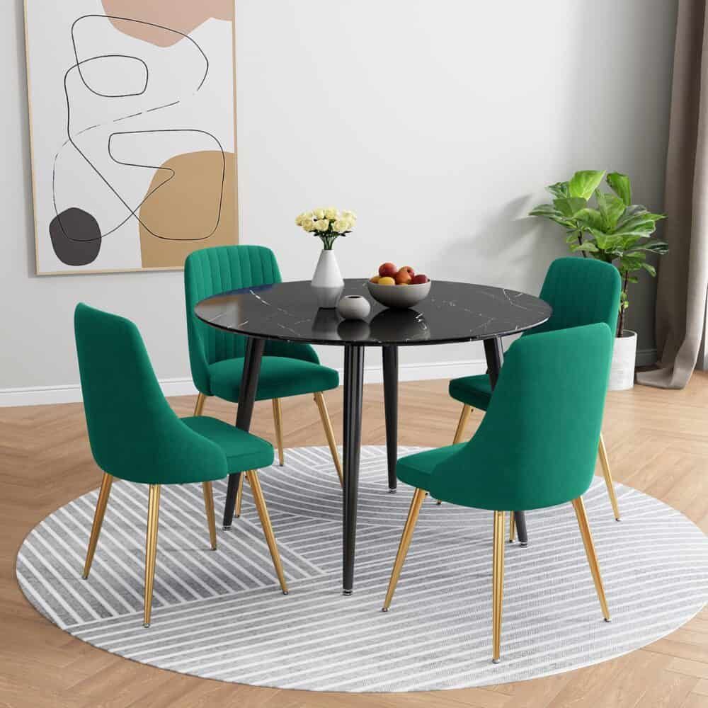 5‑Piece Dining Set – Round Marble Table + 4 Green Velvet Shell Chairs