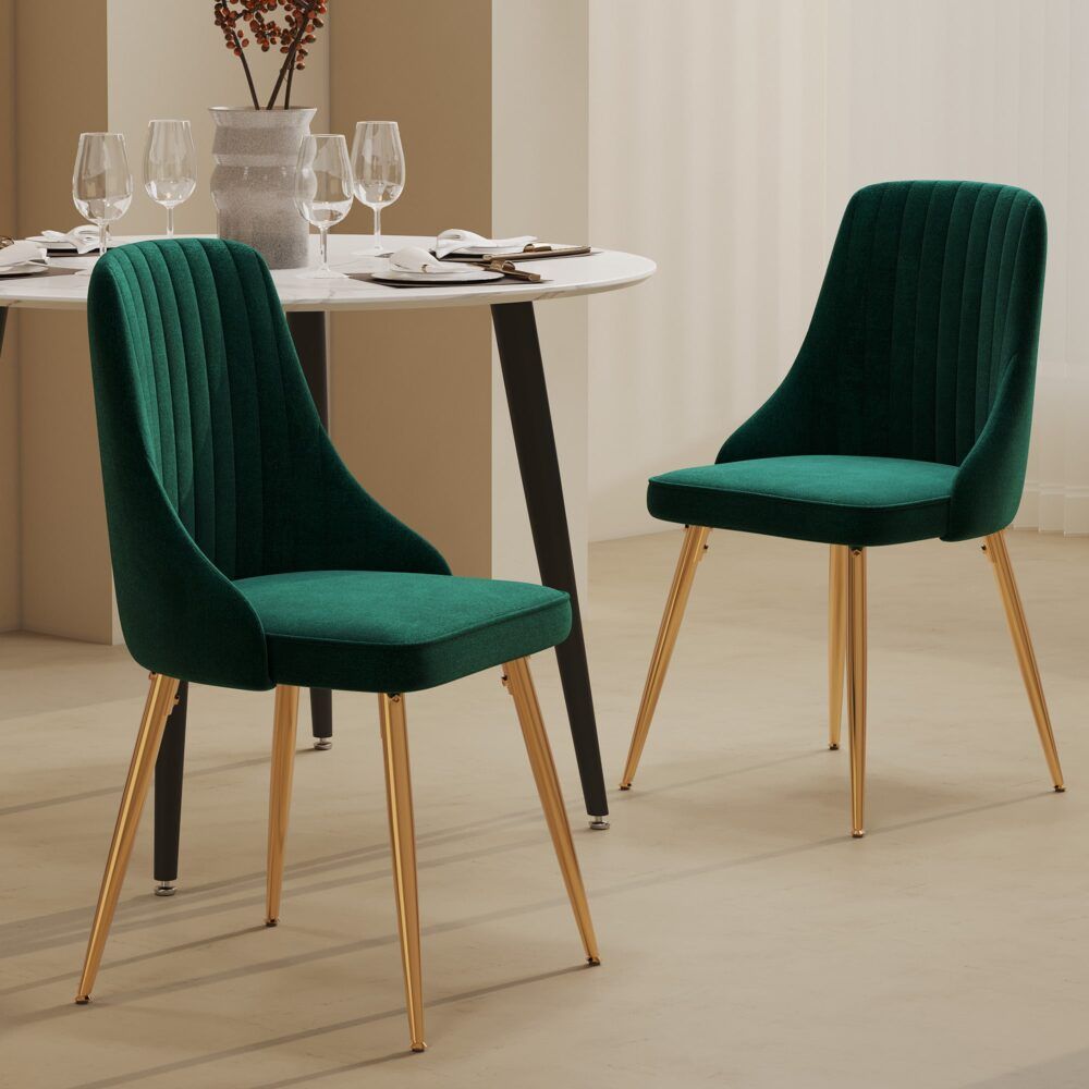 5‑Piece Dining Set – Round Marble Table + 4 Green Velvet Shell Chairs