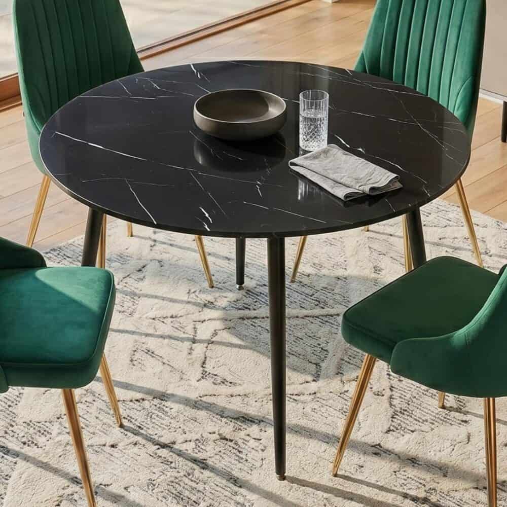 5‑Piece Dining Set – Round Marble Table + 4 Green Velvet Shell Chairs