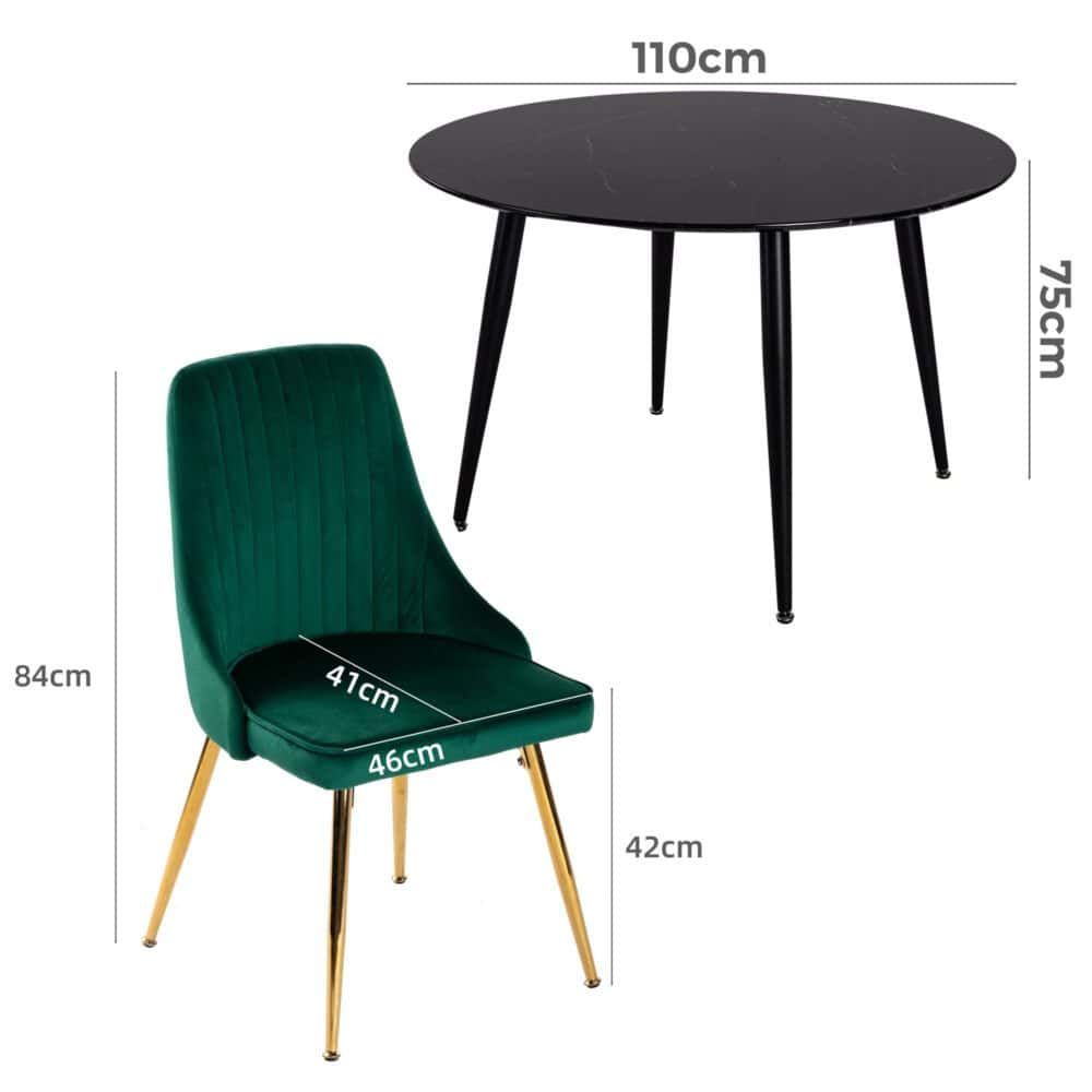 5‑Piece Dining Set – Round Marble Table + 4 Green Velvet Shell Chairs