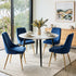 Velvet Dining Set – 4 Blue Chairs & White Round Marble‑Effect Table