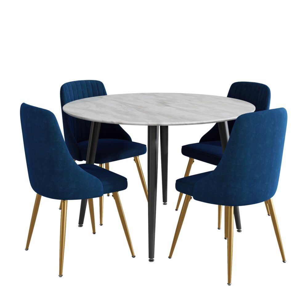 Velvet Dining Set – 4 Blue Chairs & White Round Marble‑Effect Table