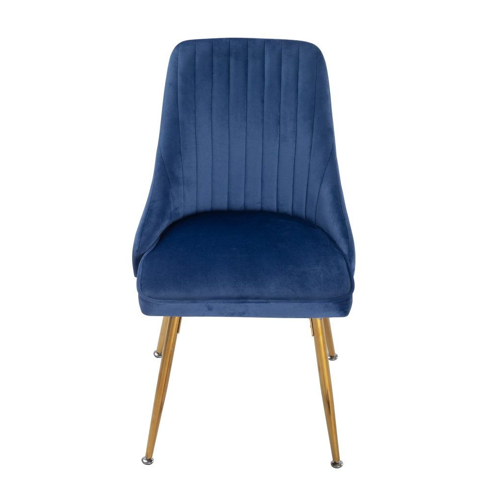 Velvet Dining Set – 4 Blue Chairs & White Round Marble‑Effect Table