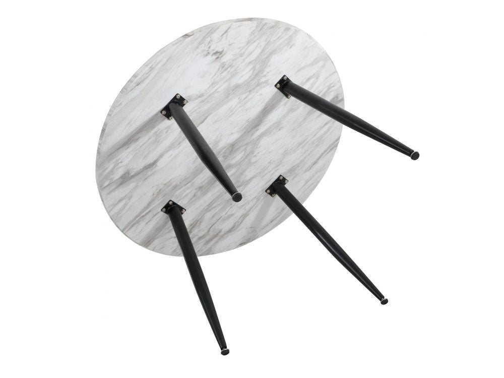 Velvet Dining Set – 4 Blue Chairs & White Round Marble‑Effect Table