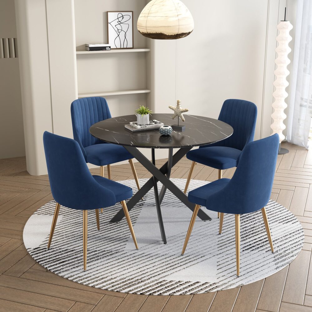 5‑Piece Marble‑Effect Dining Set – Round Table & Velvet Shell Chairs