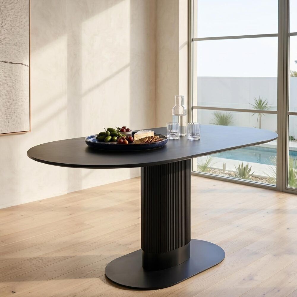 Clara Eclipse Black Oval Dining Table, Seats 4-6, Grooved Pillar Base Design
