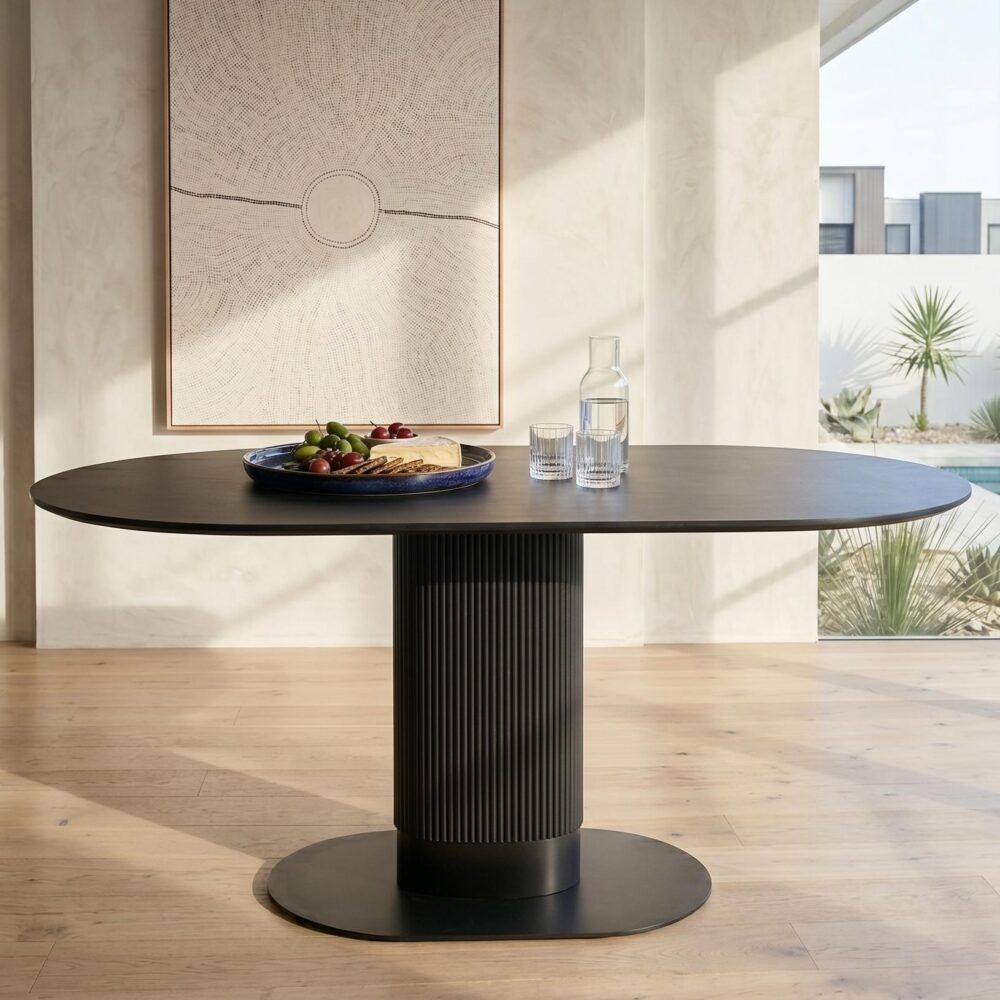 Clara Eclipse Black Oval Dining Table, Seats 4-6, Grooved Pillar Base Design