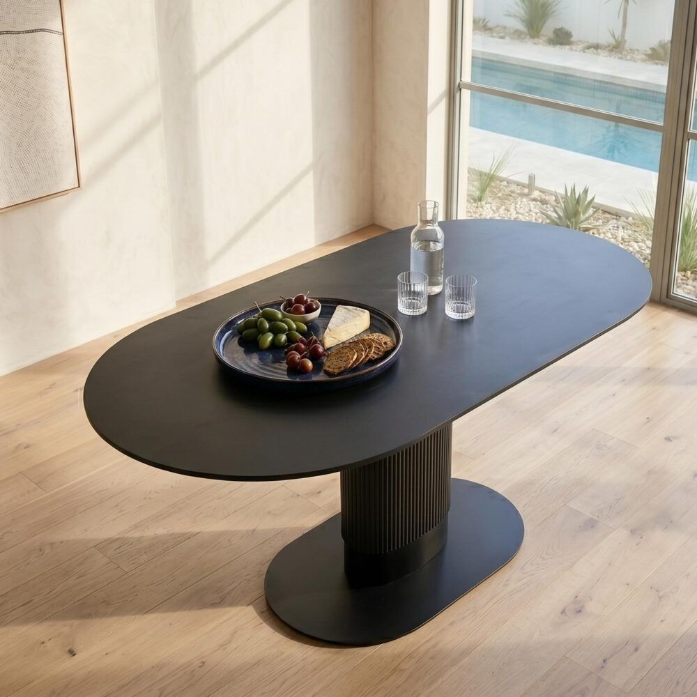 Clara Eclipse Black Oval Dining Table, Seats 4-6, Grooved Pillar Base Design