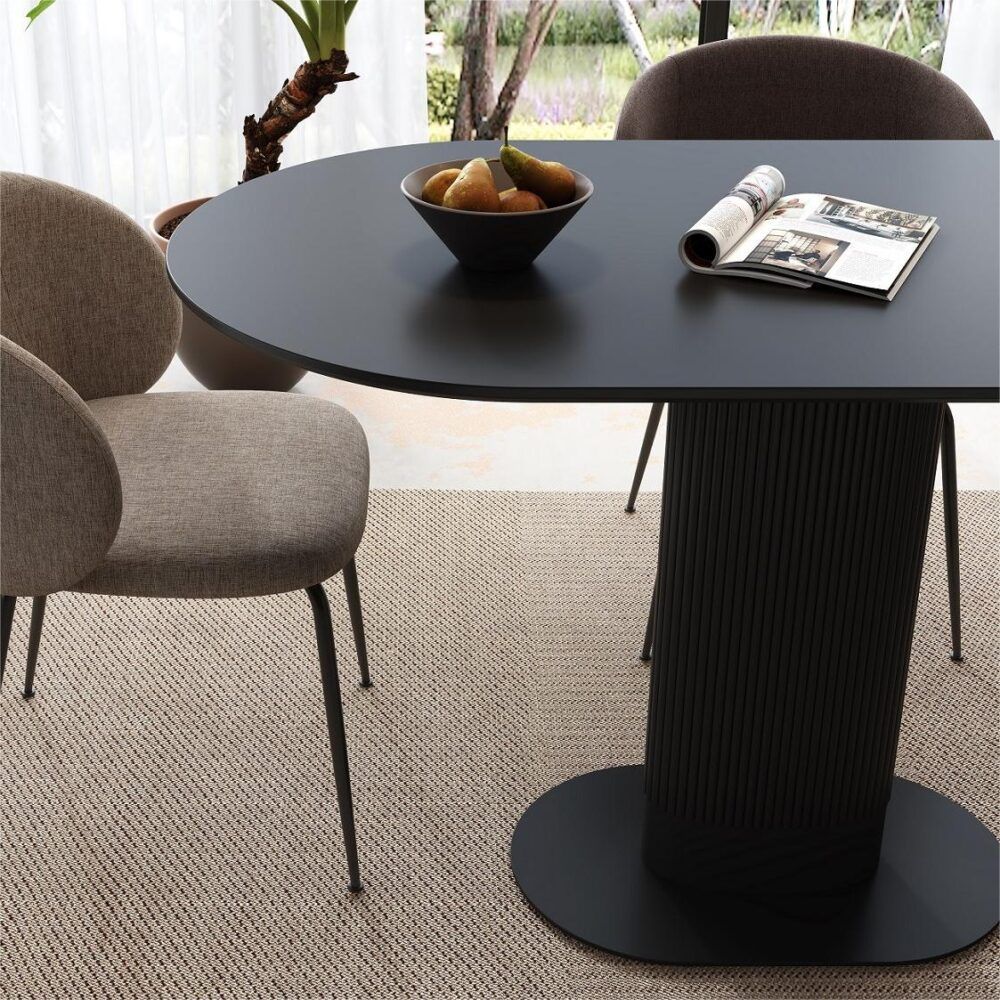 Clara Eclipse Black Oval Dining Table, Seats 4-6, Grooved Pillar Base Design