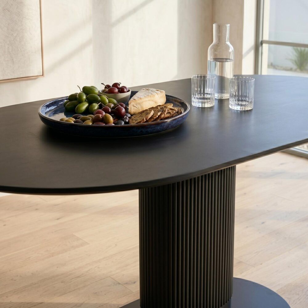 Clara Eclipse Black Oval Dining Table, Seats 4-6, Grooved Pillar Base Design