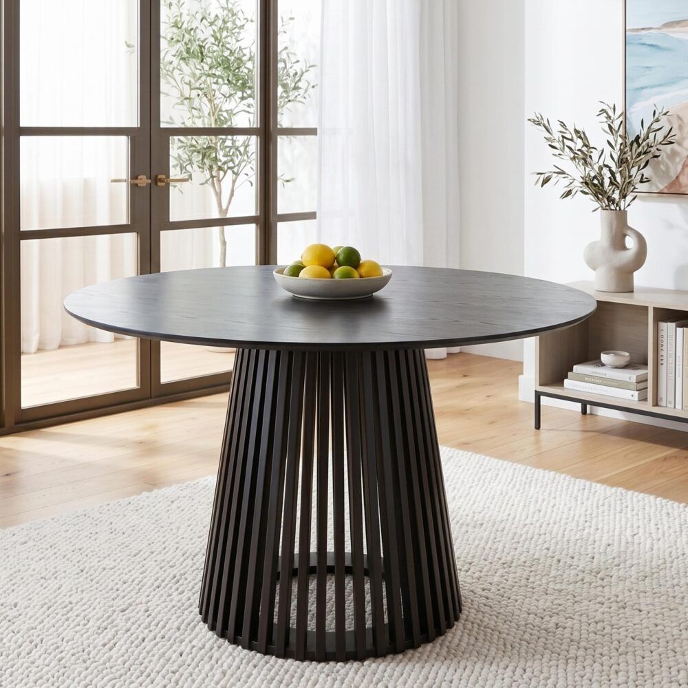 Palmer Round Dining Table 110cm Black Slatted Pedestal Solid Wood Base