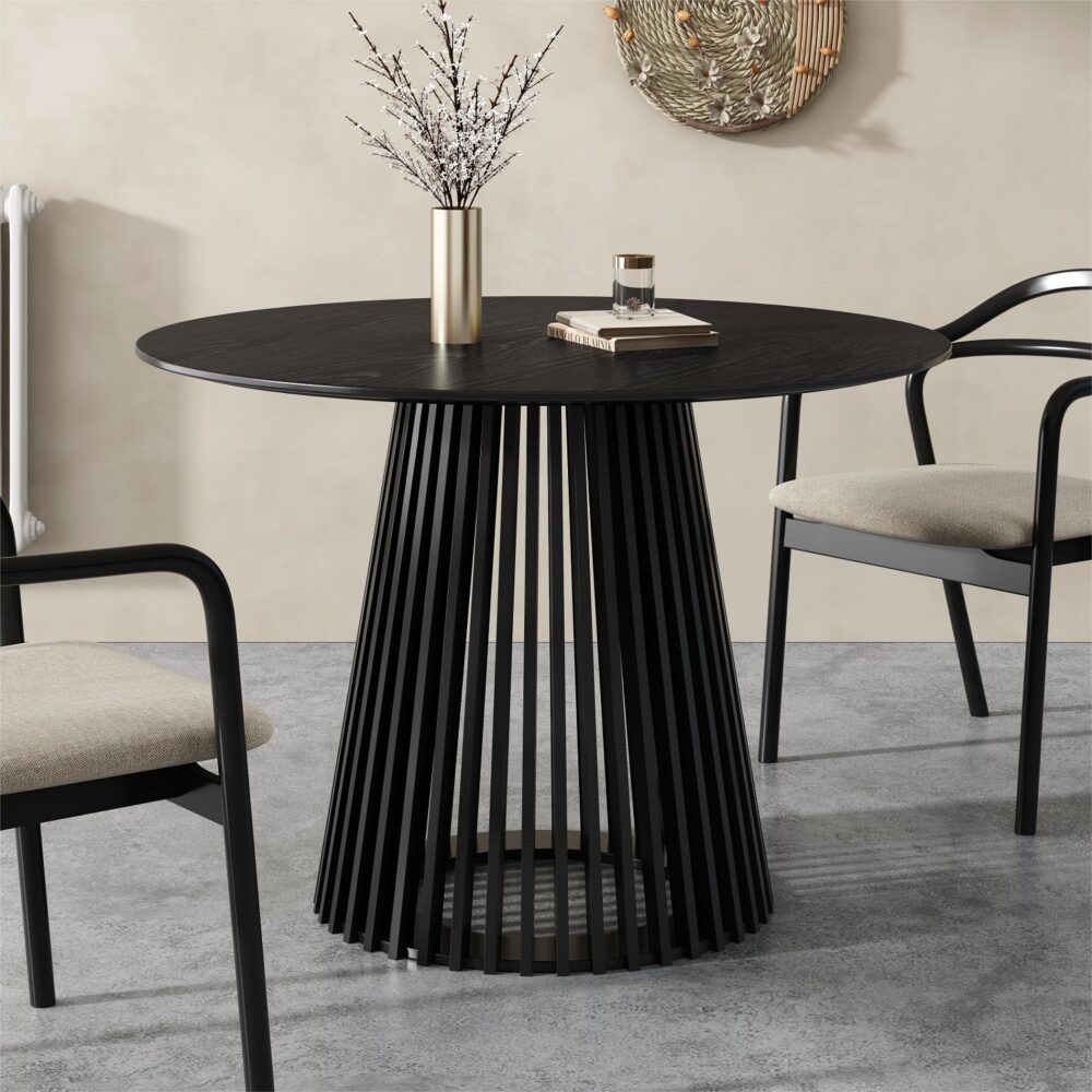Palmer Round Dining Table 110cm Black Slatted Pedestal Solid Wood Base
