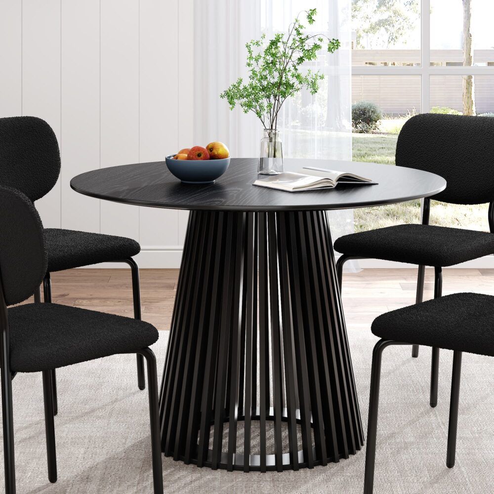 Palmer Round Dining Table 110cm Black Slatted Pedestal Solid Wood Base