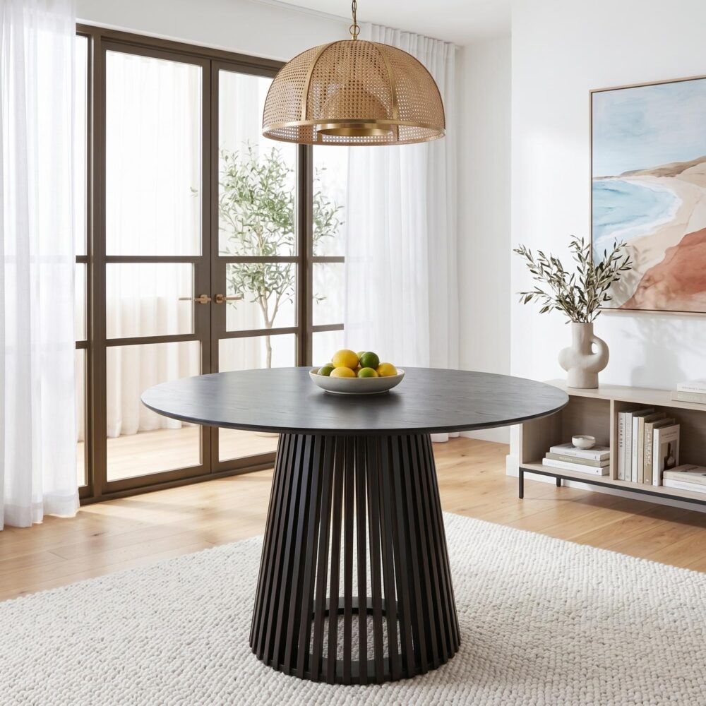 Palmer Round Dining Table 110cm Black Slatted Pedestal Solid Wood Base