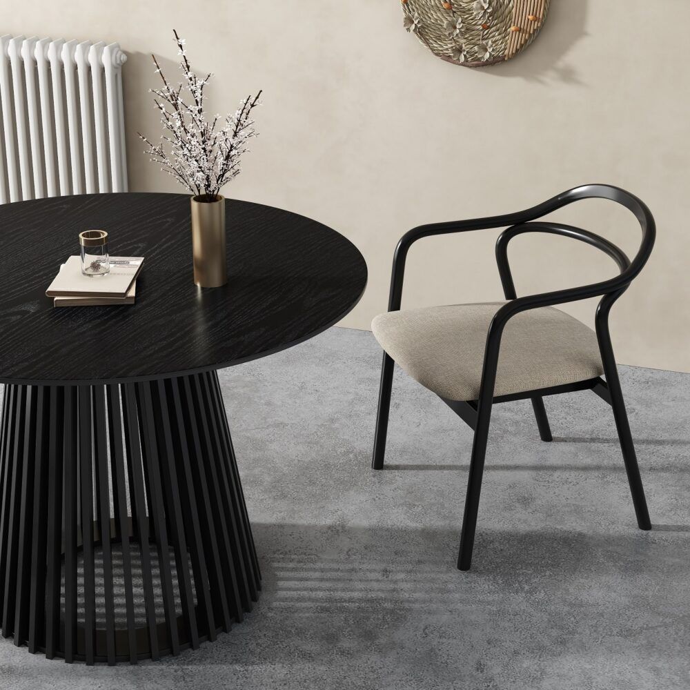 Palmer Round Dining Table 110cm Black Slatted Pedestal Solid Wood Base