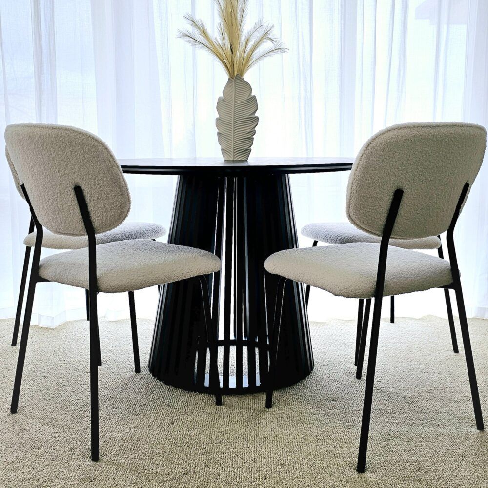 Palmer Round Dining Table 110cm Black Slatted Pedestal Solid Wood Base