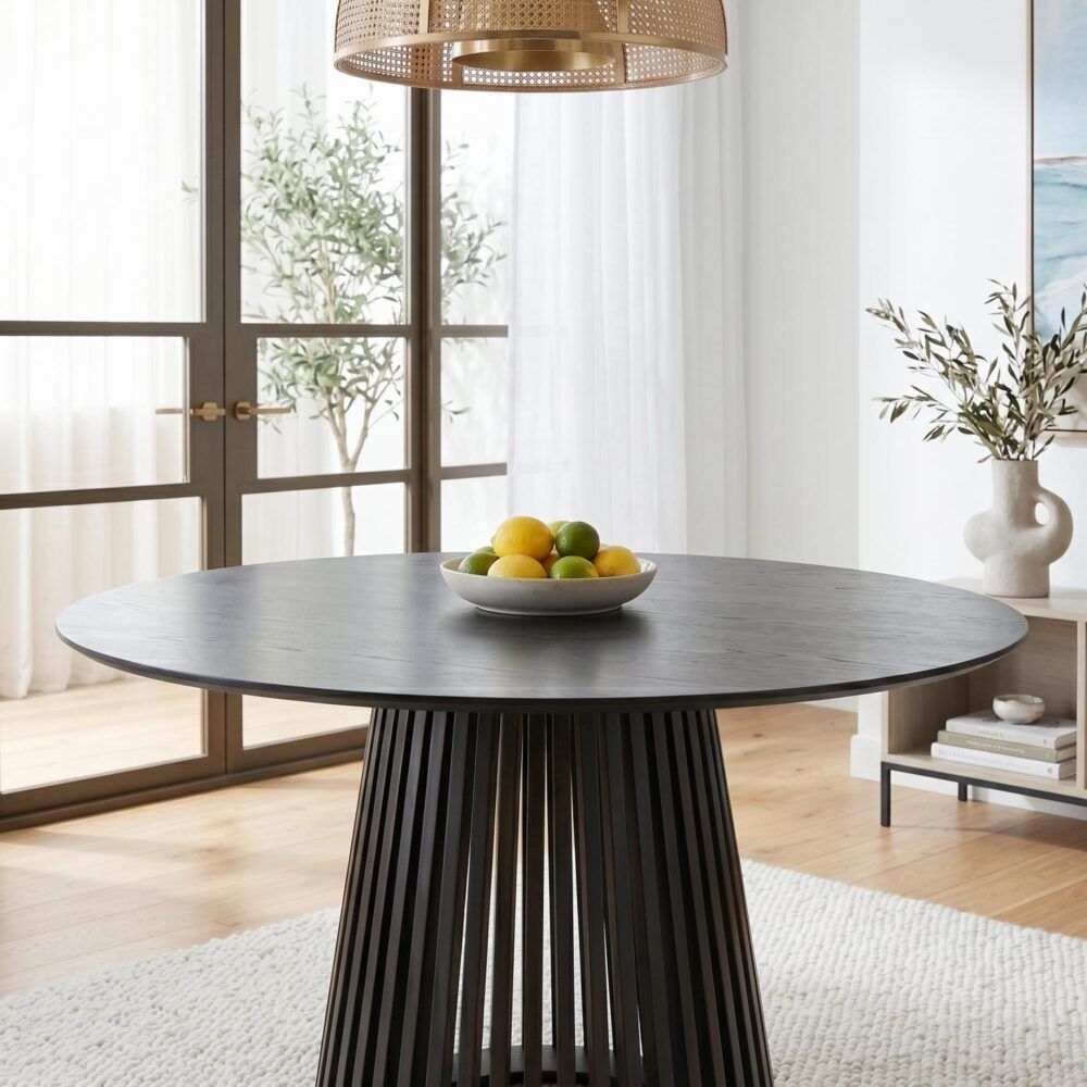 Palmer Round Dining Table 110cm Black Slatted Pedestal Solid Wood Base