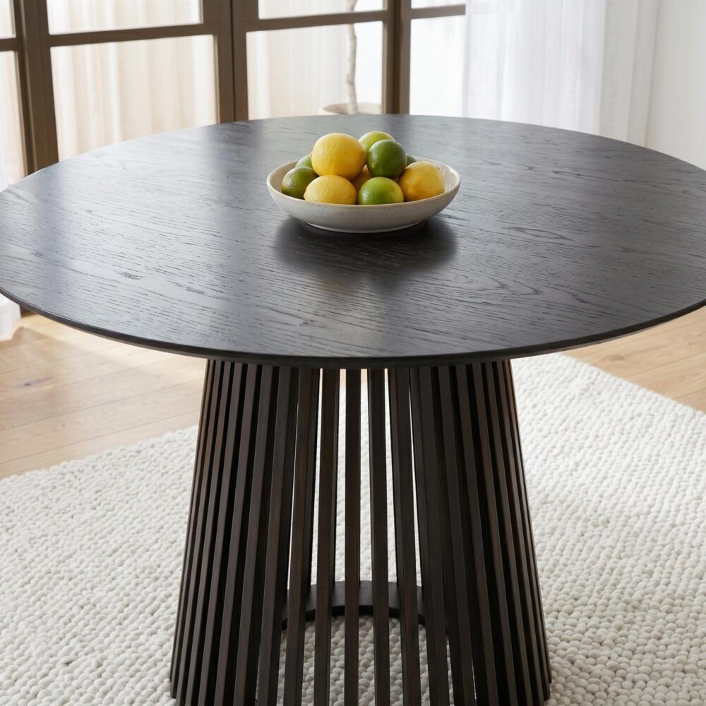 Palmer Round Dining Table 110cm Black Slatted Pedestal Solid Wood Base
