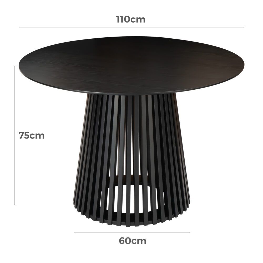 Palmer Round Dining Table 110cm Black Slatted Pedestal Solid Wood Base