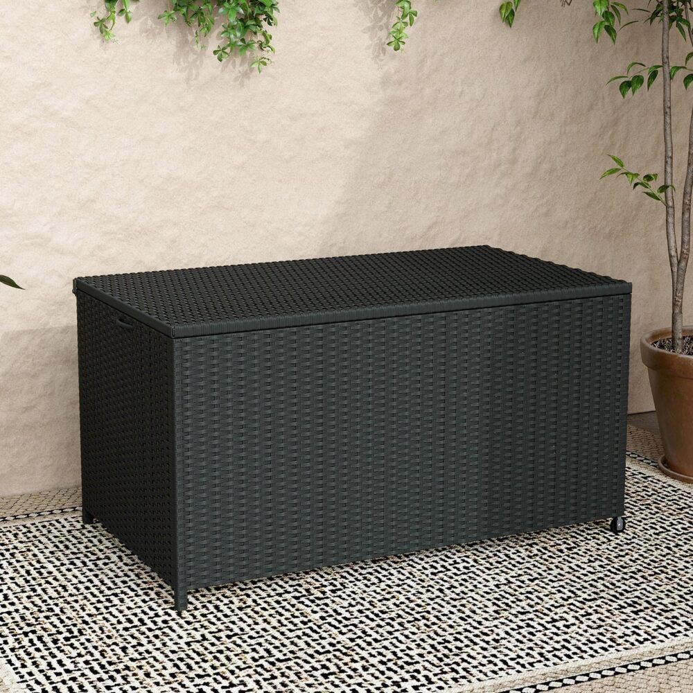 320L Outdoor Wicker Storage Box PE Rattan Deck Box with Wheels Black