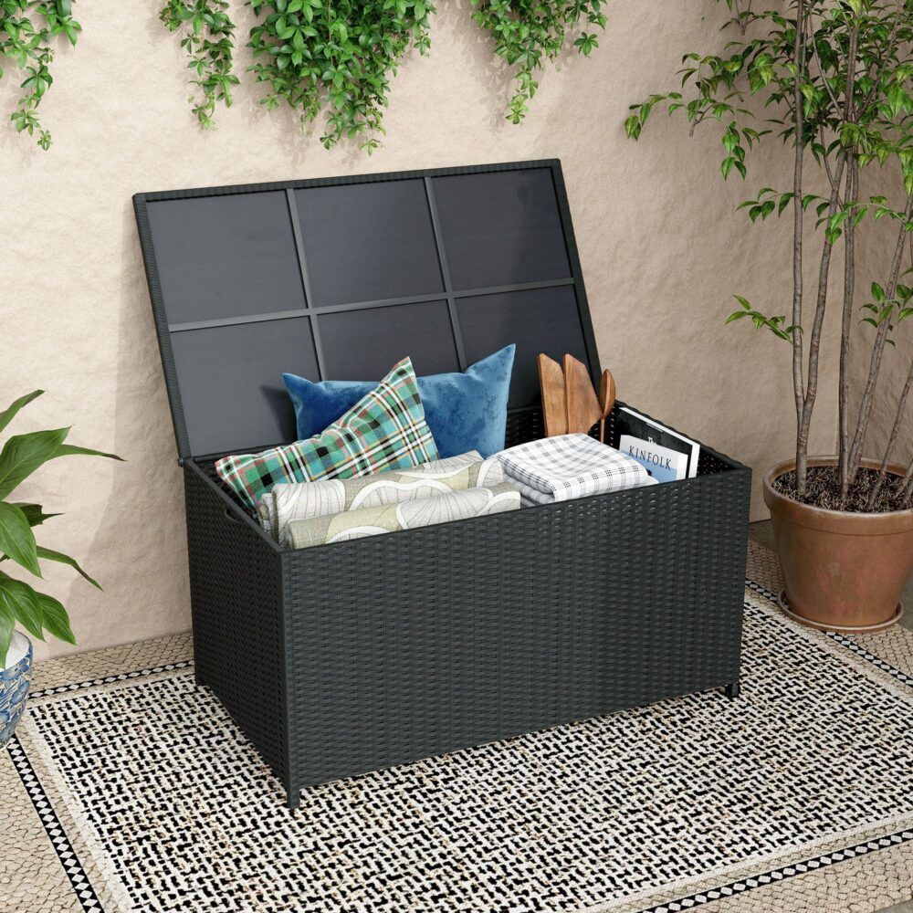320L Outdoor Wicker Storage Box PE Rattan Deck Box with Wheels Black