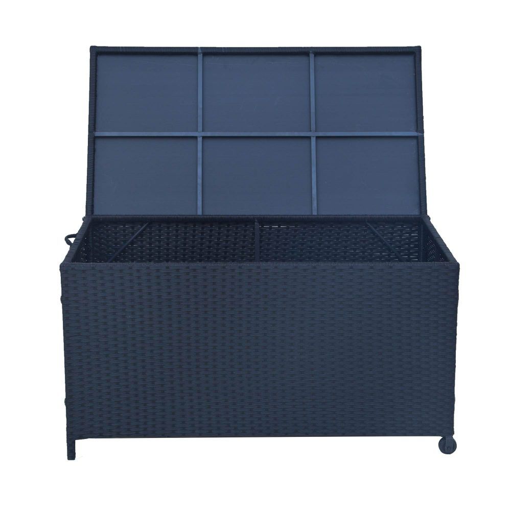 320L Outdoor Wicker Storage Box PE Rattan Deck Box with Wheels Black