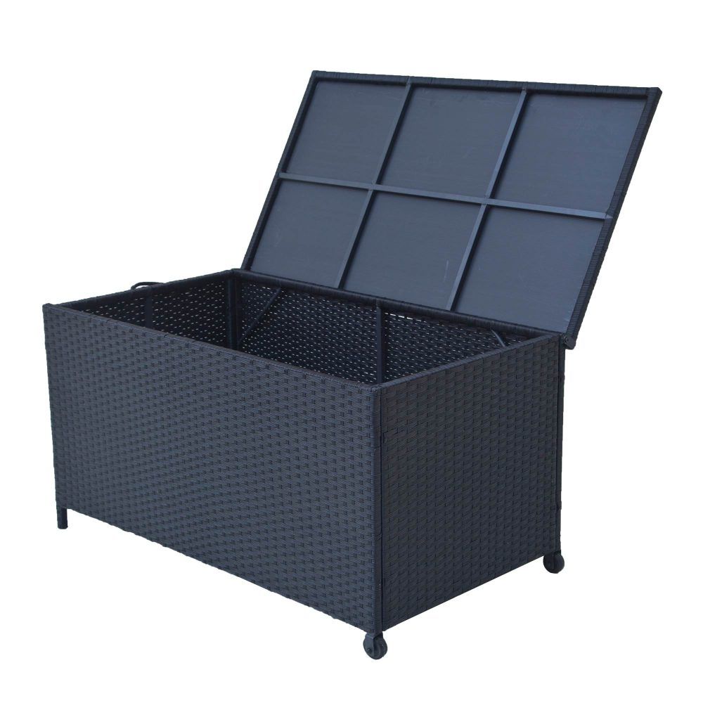 320L Outdoor Wicker Storage Box PE Rattan Deck Box with Wheels Black