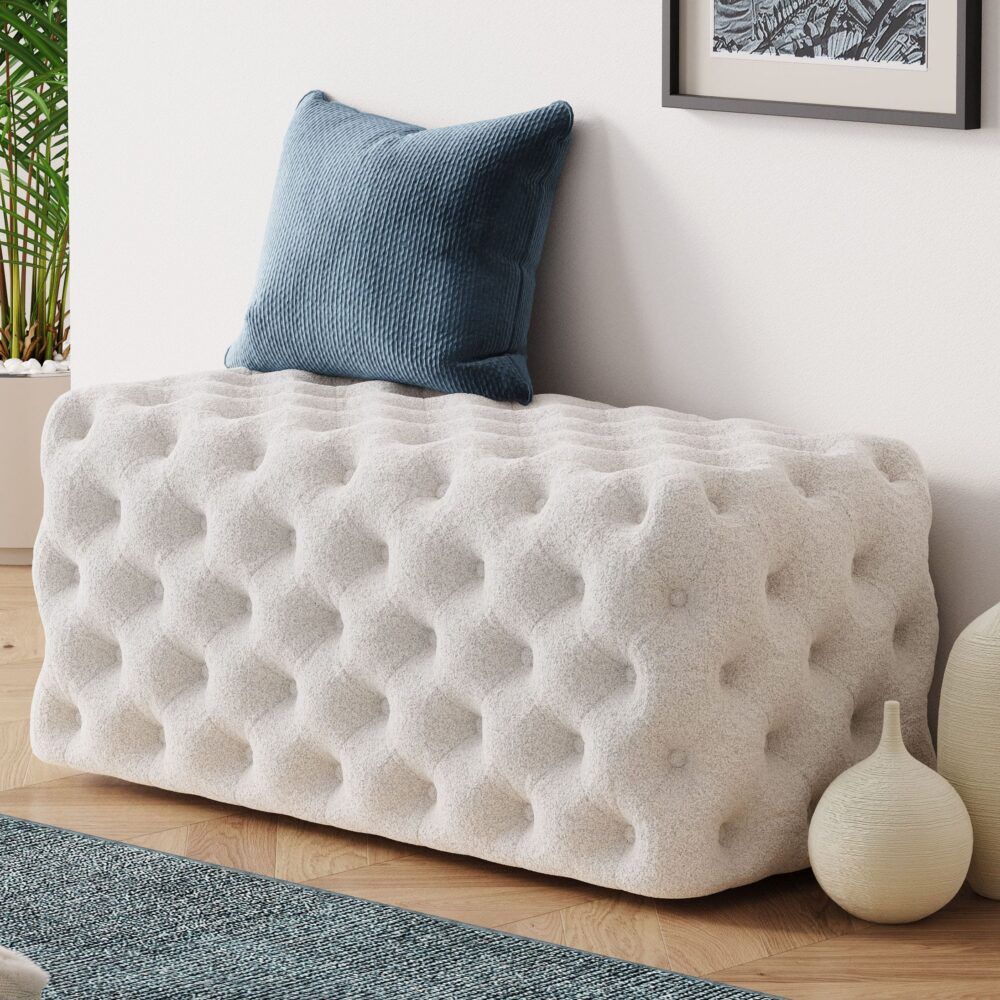 Bouclé Ottoman – White Rectangular Tufted Bench