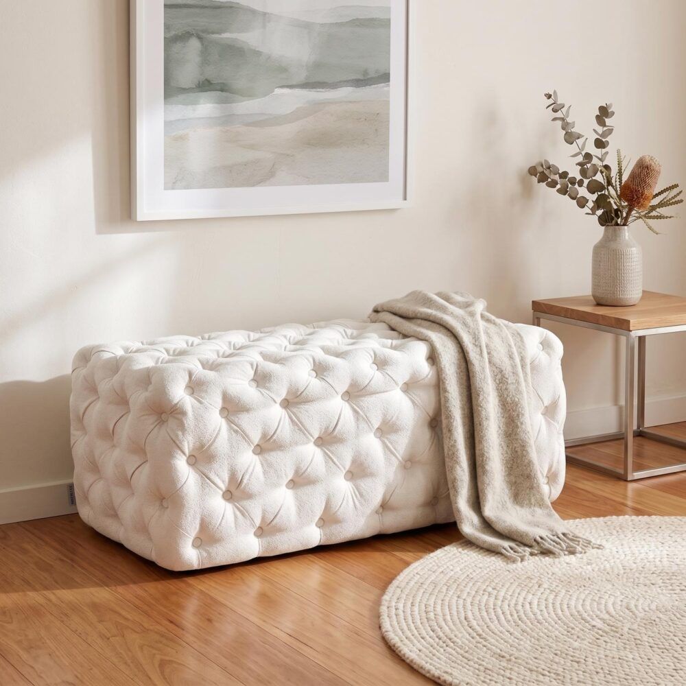 Bouclé Ottoman – White Rectangular Tufted Bench