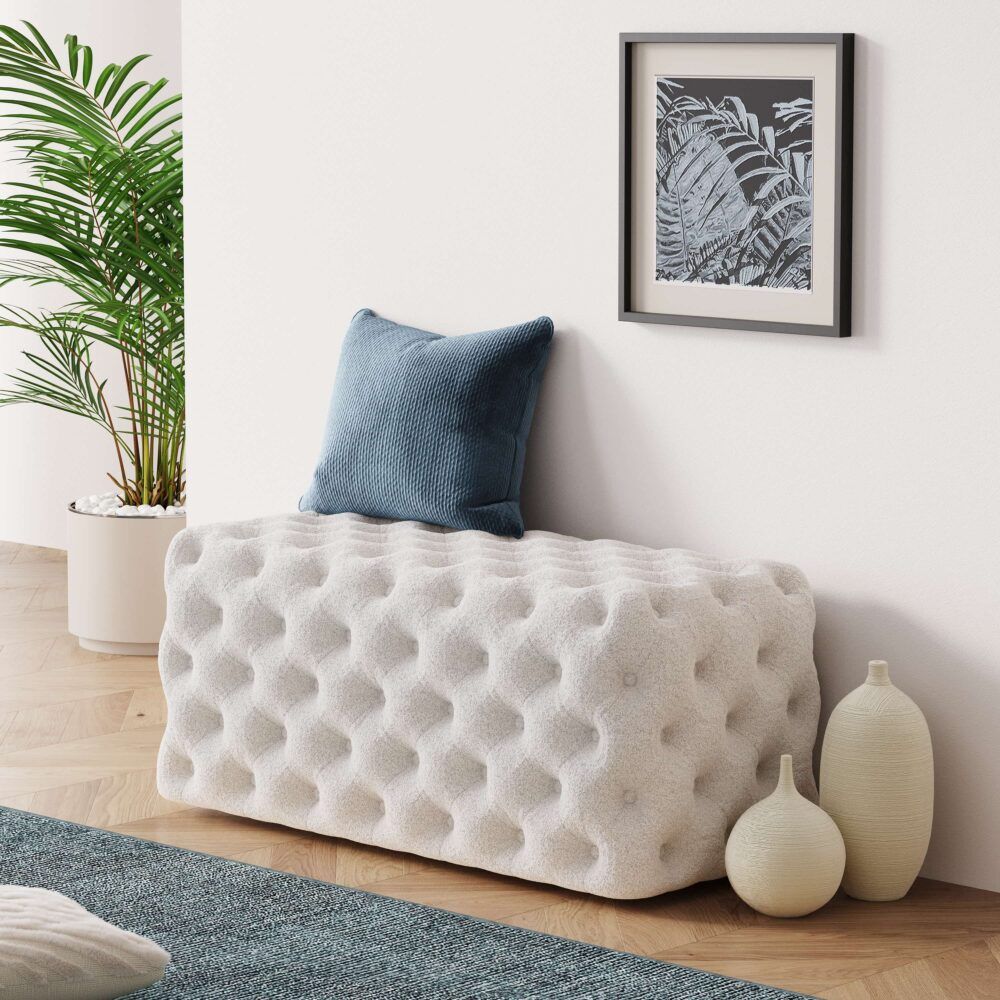 Bouclé Ottoman – White Rectangular Tufted Bench