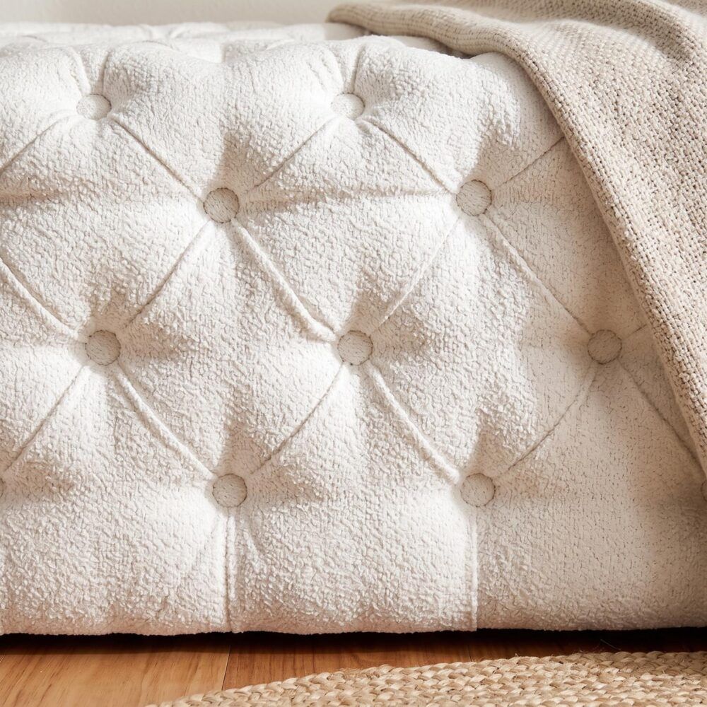Bouclé Ottoman – White Rectangular Tufted Bench