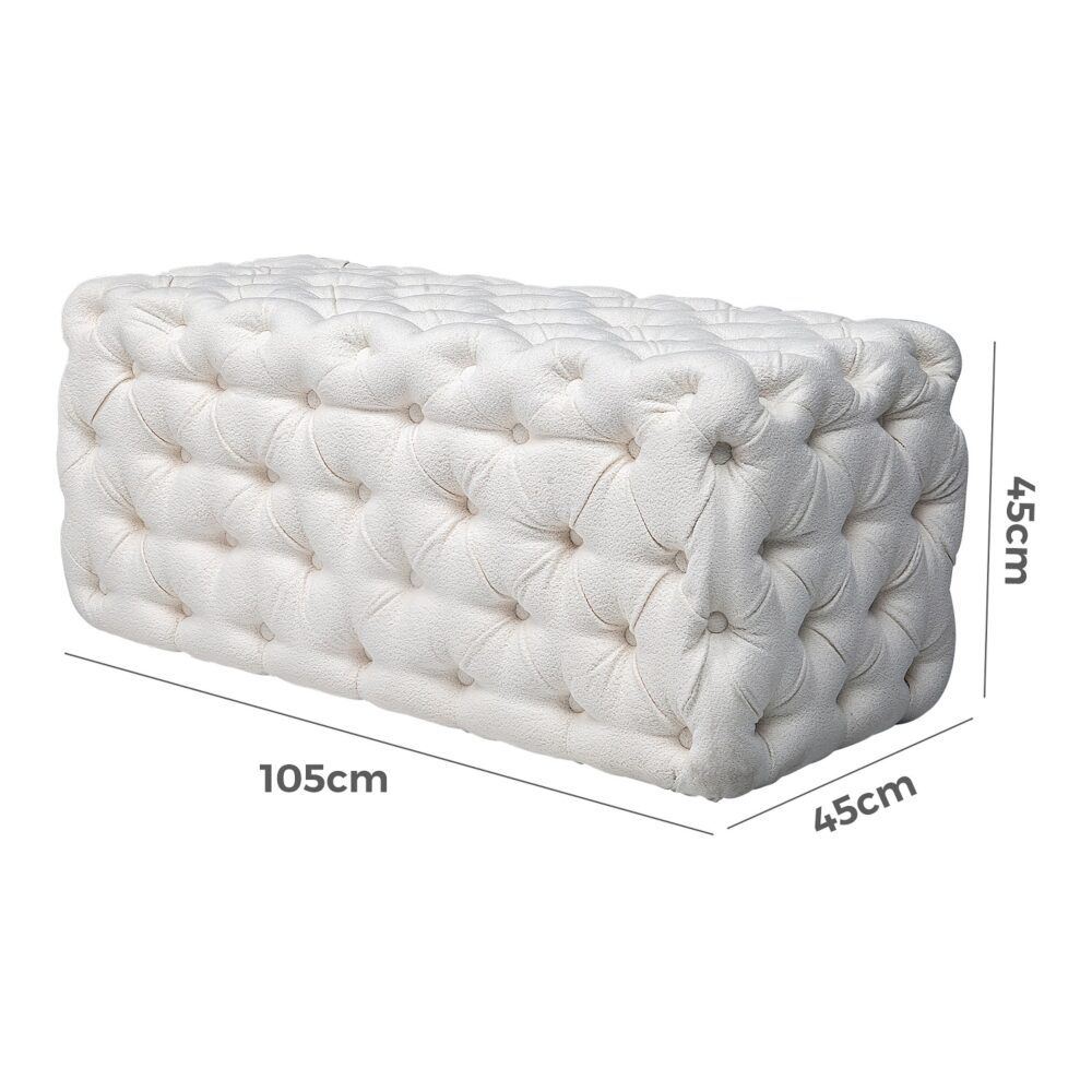 Bouclé Ottoman – White Rectangular Tufted Bench