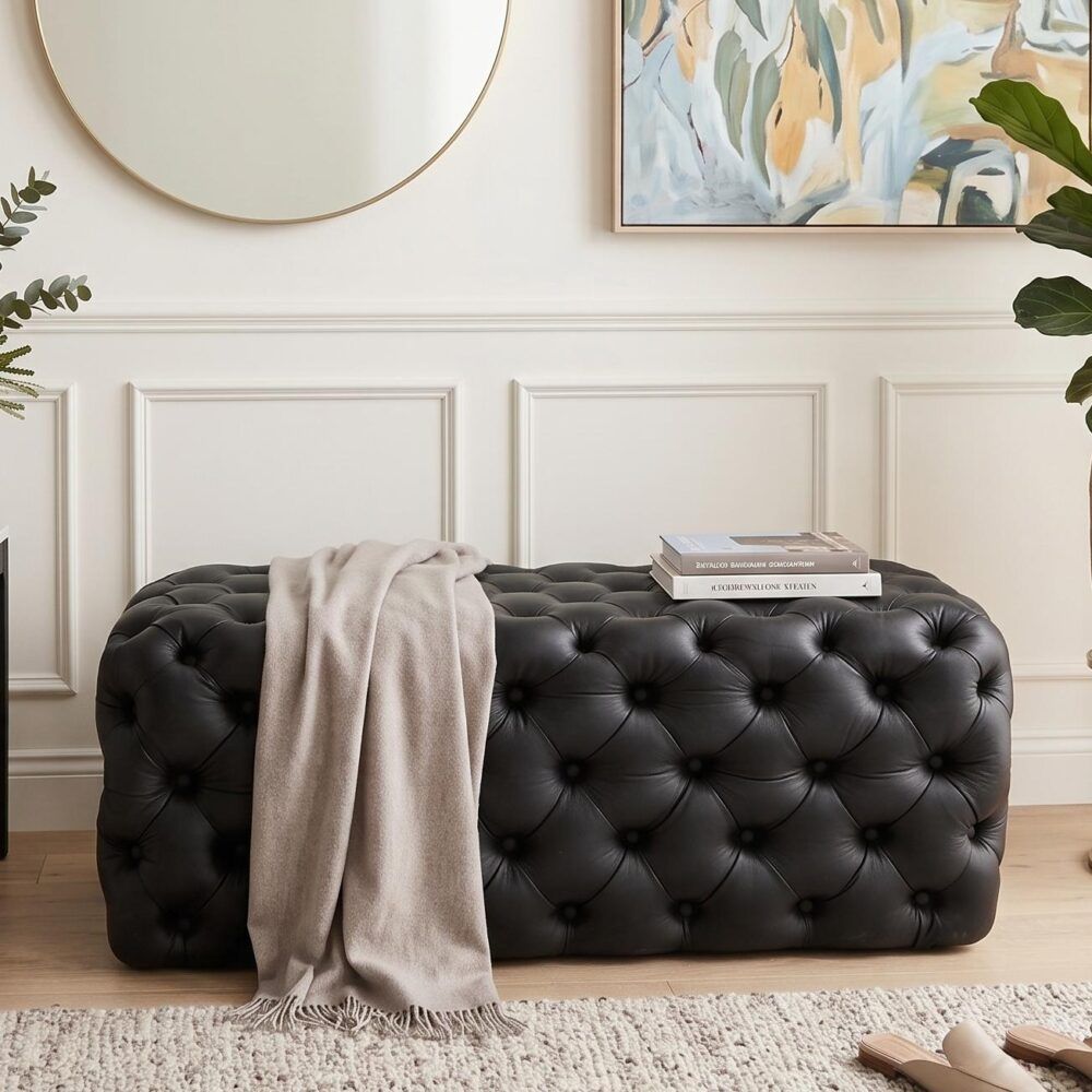Black Leathaire Ottoman Rectangular Tufted Storage Bench Footstool Seat