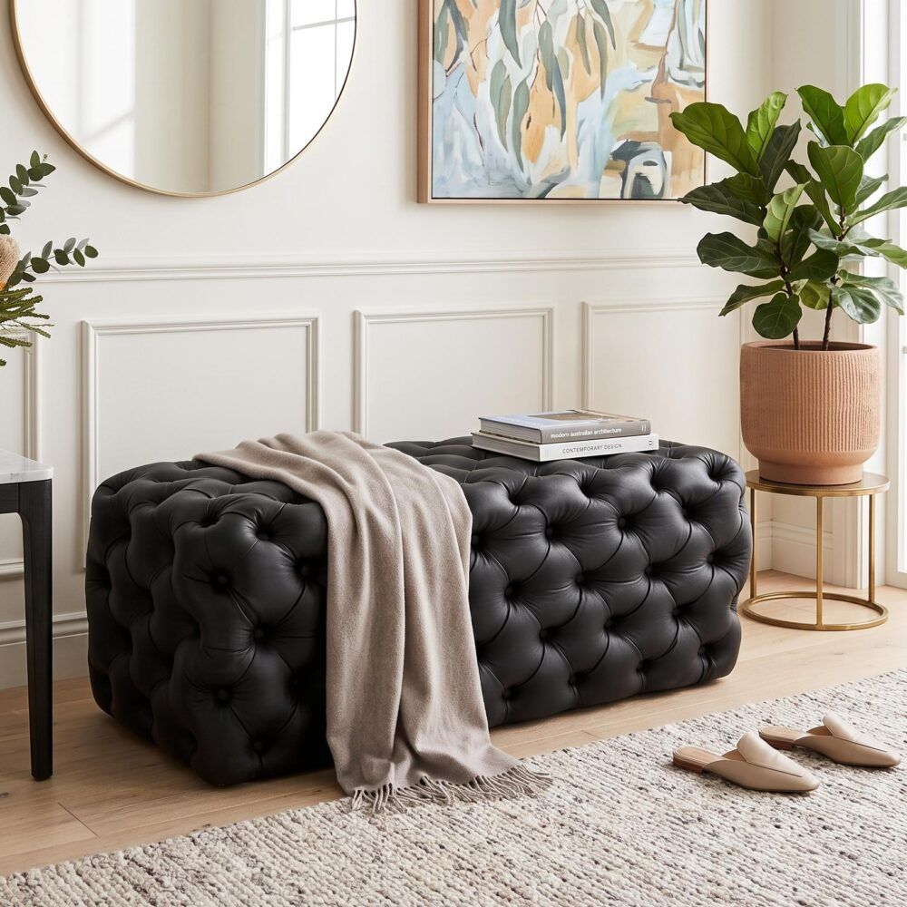 Black Leathaire Ottoman Rectangular Tufted Storage Bench Footstool Seat