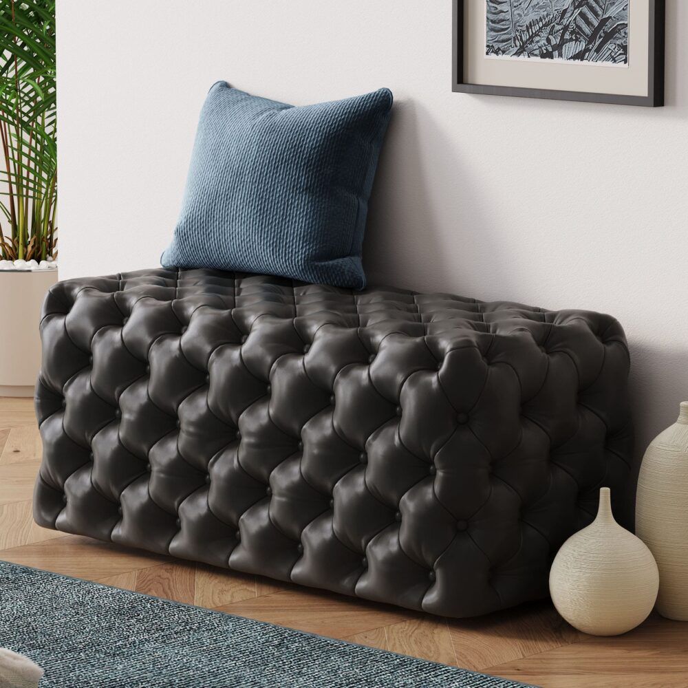 Black Leathaire Ottoman Rectangular Tufted Storage Bench Footstool Seat