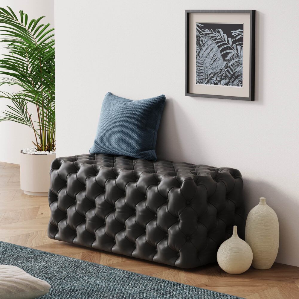 Black Leathaire Ottoman Rectangular Tufted Storage Bench Footstool Seat