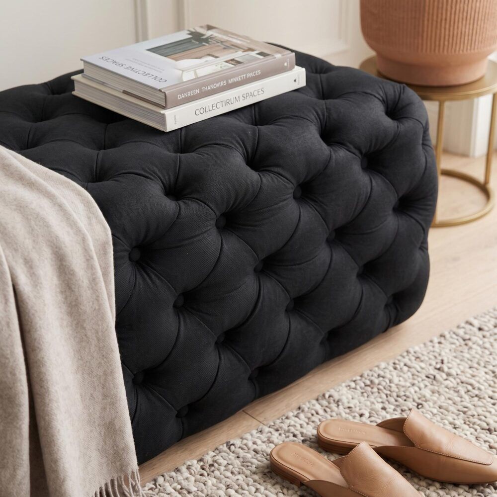Black Leathaire Ottoman Rectangular Tufted Storage Bench Footstool Seat