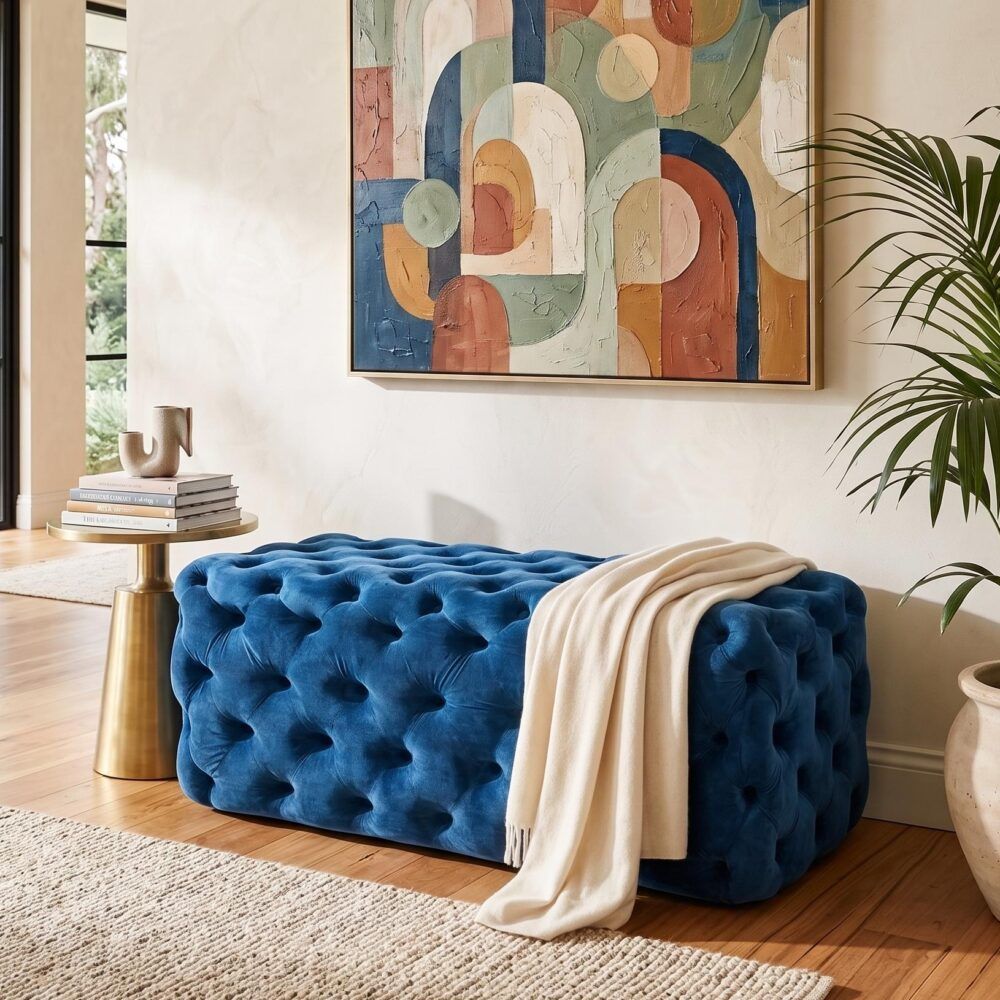 Velvet Ottoman – Navy Blue Rectangular Hand‑Tufted Bench