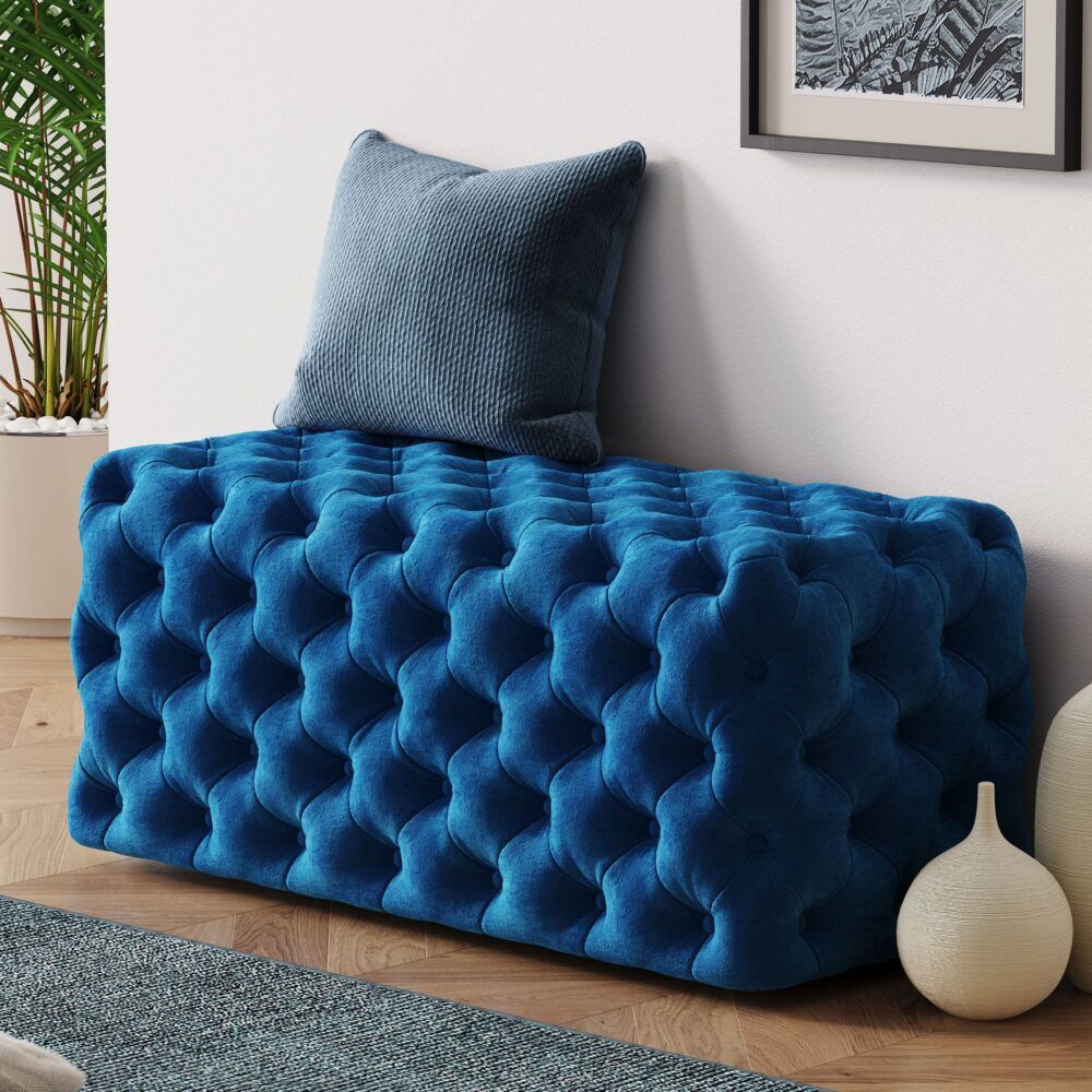 Velvet Ottoman – Navy Blue Rectangular Hand‑Tufted Bench