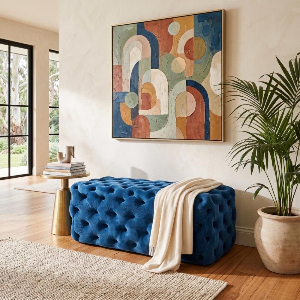 Velvet Ottoman – Navy Blue Rectangular Hand‑Tufted Bench