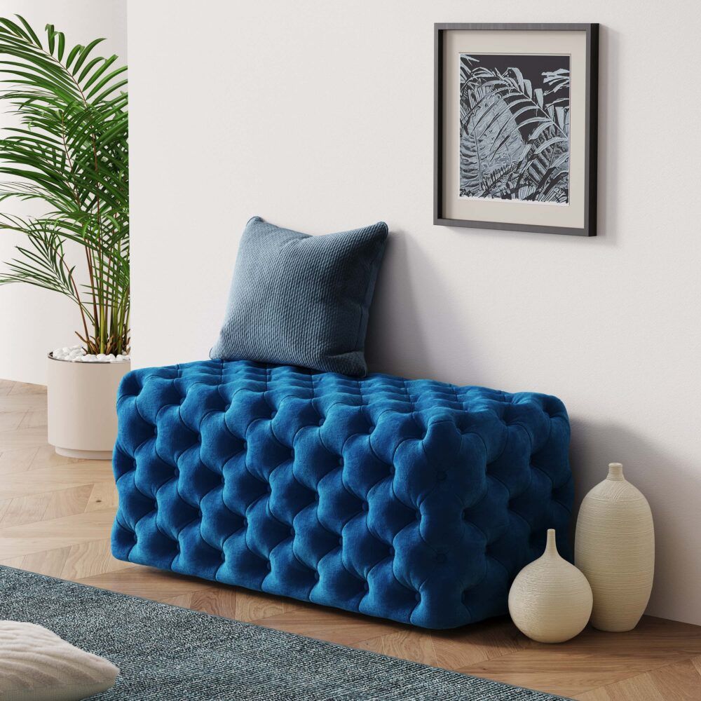Velvet Ottoman – Navy Blue Rectangular Hand‑Tufted Bench