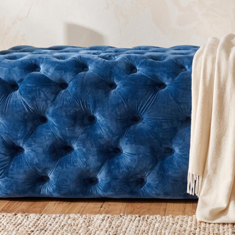 Velvet Ottoman – Navy Blue Rectangular Hand‑Tufted Bench