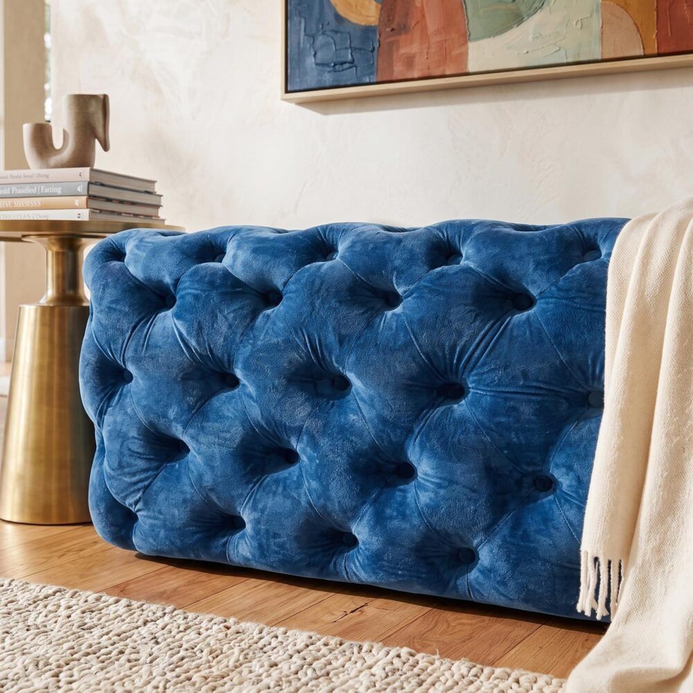 Velvet Ottoman – Navy Blue Rectangular Hand‑Tufted Bench